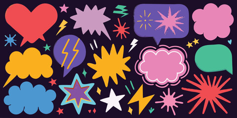 Collection of colorful comic book style speech bubbles and graphic elements on a dark background