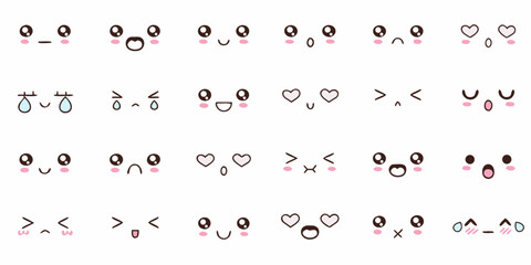 Collection of cute kawaii faces expressing various emotions and feelings with blush cheeks