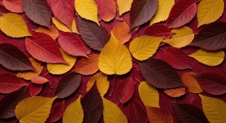 Fototapeta premium Vibrant autumn leaves in a rich tapestry of reds, oranges, and yellows, artfully arranged on a deep maroon surface, showcasing the beauty of nature's color palette.