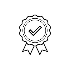 Black and white ribbon badge with check mark symbol, representing certification, approval, achievement, and verified quality assurance