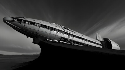 Monochrome Dramatic Image: Crashed Spaceship on Desolate Planet, Sci-Fi Post-Apocalyptic Landscape
