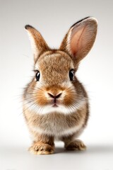 Obraz premium Front-facing view of a small, brown rabbit with large ears and dark eyes set against a bright, plain background. Soft fur is visible