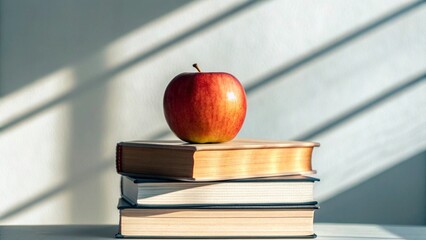 Books and apple on a white table. Back to school concept.