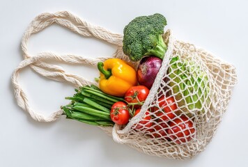 An overhead shot of a reusable net bag filled with fresh produce broccoli, bell pepper, tomatoes, red onion, scallions, and lettuce on a white surface