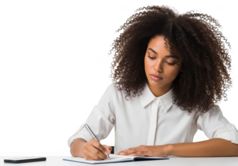 Woman with large afro writing in notebook isolated on transparent background