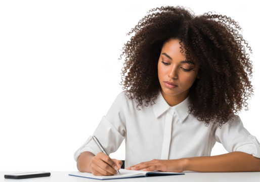 Woman with large afro writing in notebook isolated on transparent background