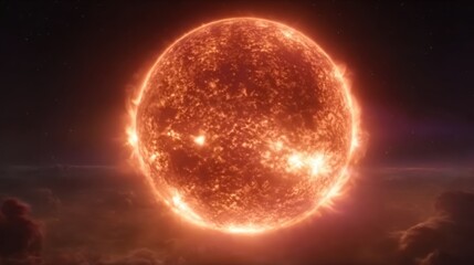 Vibrant orange celestial body, possibly a star, emits glowing light against a backdrop of hazy, dark clouds