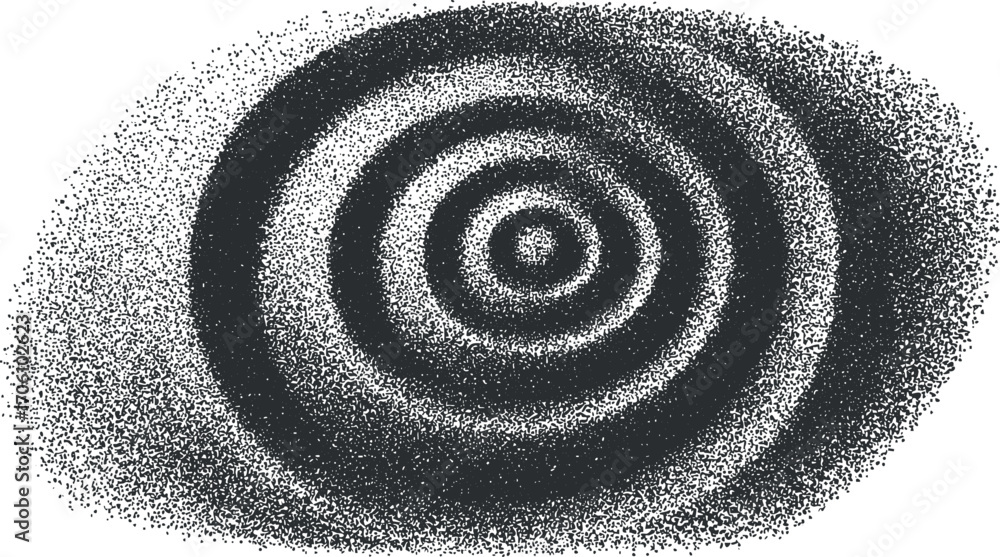 Poster abstract black and white spiral pattern with concentric circles and dotted texture.