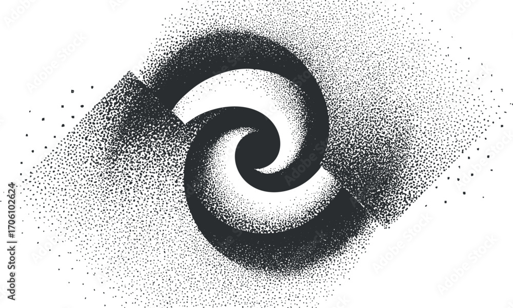 Poster an abstract illustration featuring a dynamic black and white swirl pattern with dotted texture.