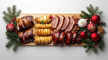 Delicious assorted roasted meat platter with beef pork and poultry garnished with festive greenery and ornaments, ideal for holiday celebration or dinner