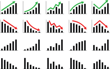a business graph with arrow design silhouette vector illustration Green up and red down arrow graph. Rising and descending trend concept. Business result and investment profit or loss symbol.
