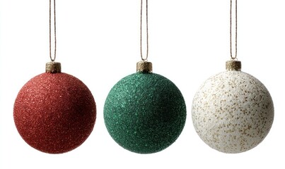 Three glittery spherical ornaments hang against a plain white background, red, green, and ivory. They each have a thin cord for hanging