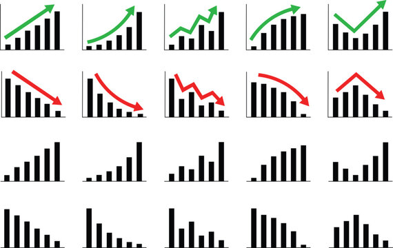 a business graph with arrow design silhouette vector illustration Green up and red down arrow graph. Rising and descending trend concept. Business result and investment profit or loss symbol.