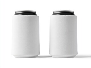 Two cylindrical cans are adorned with white sleeves, set against a clean, white background. They feature dark metallic tops. Minimalist and clean aesthetic