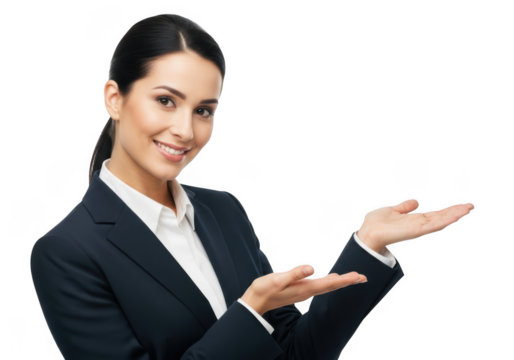 Smiling businesswoman presenting with open hands isolated on transparent background