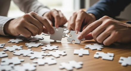 Teamwork: Hands collaboratively assembling a jigsaw puzzle.