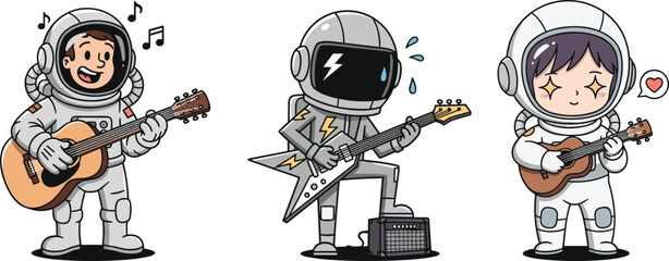 Cute astronauts playing guitar, rockstar space band, musical space explorers, cartoon space musicians, fun astronaut band, outer space concert scene. © Arts Creative