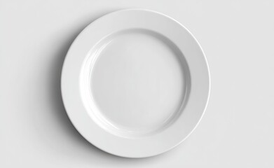 Simple white plate, viewed from above, features a slight rim and cast shadow against a plain off-white backdrop, creating a minimal, clean aesthetic
