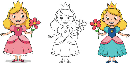 Cute Cartoon Princess with Flower in Hand, Coloring Page and Color Version, Smiling Girl Character in Royal Dress Vector