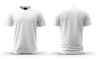 Crisp rendering shows a white t-shirt from front and back views. Shirt's fabric has soft shadows, revealing texture. Simple black label visible on the neck