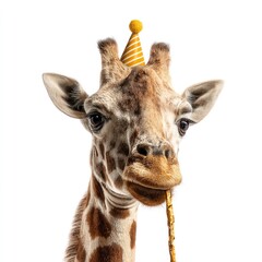 Obraz premium A giraffe wearing a striped party hat and holding a festive noisemaker poses against a white background, showcasing its unique facial features