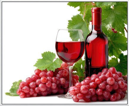 A bottle and glass filled with red wine sit among red grapes and verdant grape leaves against a white backdrop, creating a still life arrangement