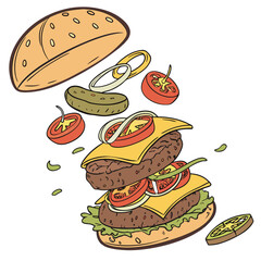 Deconstructed cheeseburger ingredients floating in air with a bun top and bottom layers separated