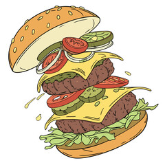 Deconstructed double cheeseburger with lettuce tomato onion pickles and cheese slices floating artfully