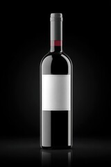 A sleek, dark red wine bottle with a blank white label stands against a shadowy black background. Reflection glints on the bottle's surface