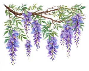 Watercolor illustration of wisteria flowers hanging from a branch, with green leaves, on a white background