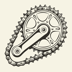 Detailed black and white illustration of a bicycle crankset with a chain wrapped around the chainring and crank arm