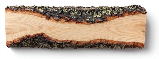 Cross-section of rough bark-covered wood with light grain on a white background, casting a shadow