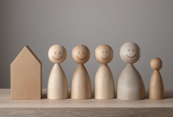 Wooden figurines depicting a family of five and a house, arranged on a light wooden surface against a neutral gray backdrop
