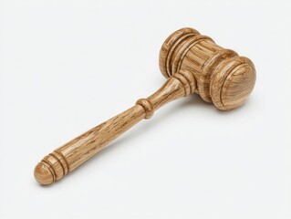 Wood gavel lies diagonally on a white surface, showcasing detailed carvings and a smooth finish, indicating justice, law, or auction
