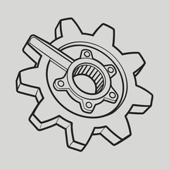 Detailed line art illustration of a single mechanical gear with a central hub and connecting arm against a plain background