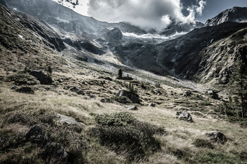 Alpine Gelände im Zillertal Tirol mit Blick zu einem Gletscher