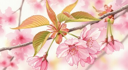 Delicate cherry blossoms and leaves in soft pastel hues, showcasing a serene and springtime atmosphere.