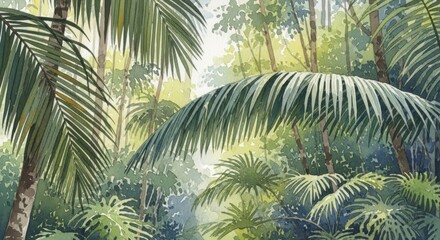 Lush tropical forest scene, painted with meticulous detail in watercolor, showcasing a dense canopy of palm trees and foliage, bathed in soft, diffused light.