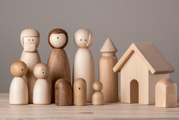 A collection of wooden peg dolls of various sizes and skin tones stand beside a miniature wooden house on a light wooden surface against a grey backdrop