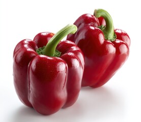 Two vibrant, glossy red bell peppers with bright green stems sit adjacent, on a bright white surface reflecting light