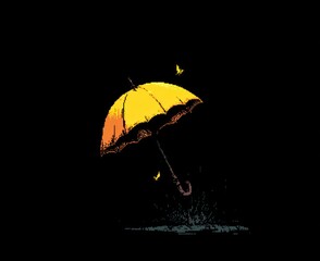 Simple, graphic illustration of a vibrant yellow umbrella in the rain on black, with two small birds flying around. Stylized, textured look