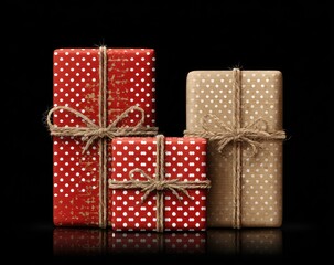 Three neatly wrapped, rectangular gifts with polka-dot patterns and twine bows, presented against a black backdrop, suggestive of celebration