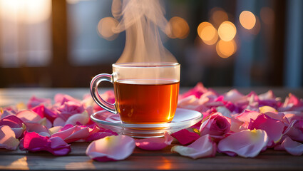 Steaming hot cup of tea surrounded by delicate rose petals invites relaxation and warmth