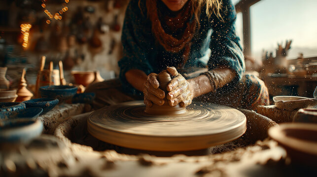 A person skillfully molds clay on a spinning pottery wheel in a sunlit, rustic workshop, surrounded by ceramic creations. - Powered by Adobe