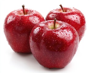 A close-up shot of three vibrant red apples, each glistening with tiny water droplets on a pure white background. The apples look fresh and appetizing