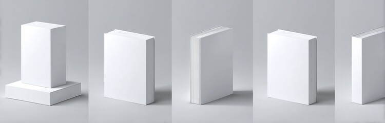 Multiple shots of a blank white cardboard box mock-up against a grey backdrop, displayed in various angles and compositions