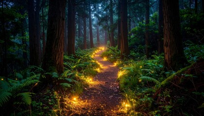 Obraz premium A winding path through a lush, dark forest, lit by glowing orbs. Fog hangs low among the trees, creating an ethereal atmosphere