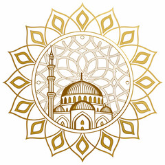 Elegant golden islamic mosque silhouette within a decorative circular mandala pattern