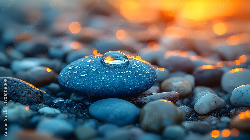 Poster a large dewdrop rests on a wet pebble with soft bokeh lights reflecting at sunset