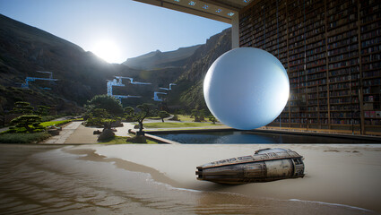 Surreal Seascape: Futuristic Vessel, Giant Orb, Mountain Library, Tranquil Garden
